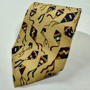 Vtg Brooks Brothers Makers Silk Tie Yellow Kite Print Novelty USA Kite Flyer